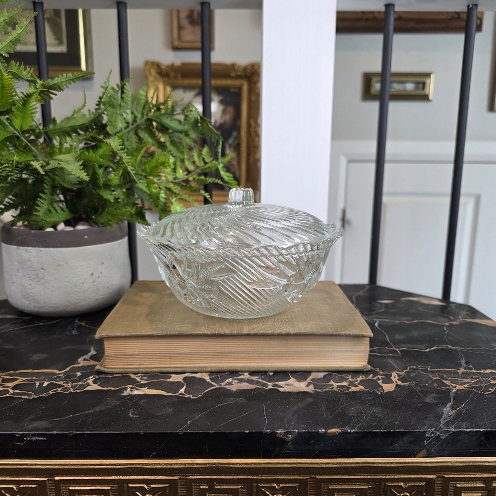 Vintage KIG Malaysia Glass Candy Dish w Lid Swirl & Floral Pattern 1980s Decor